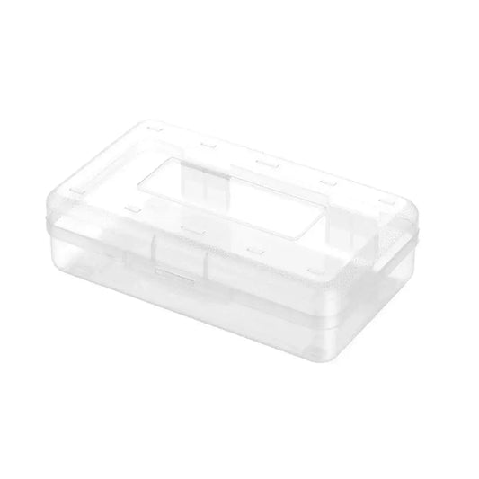 Clear transparent plastic pencil case with hinged lid and compartment slots