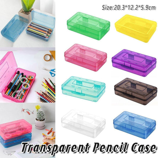 Transparent plastic pencil case set shown in multiple colors with compartment tray