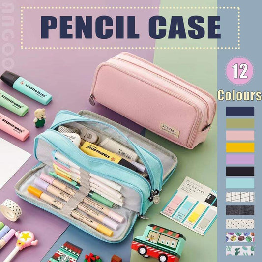 Zipper pencil case, open interior with pens and pencils, turquoise and light pink