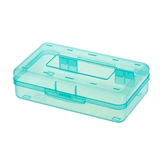 Light green transparent pencil case with molded compartments and snap-open lid.