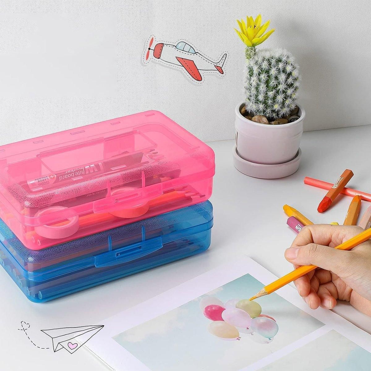Large Capacity Transparent Plastic Pencil Case Multifunctional Student Art Box - Red
