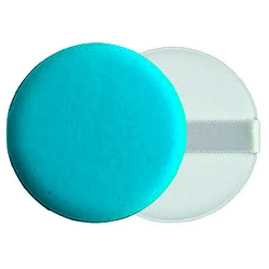 Teal and light gray round makeup sponge puff with fabric surface and edge band