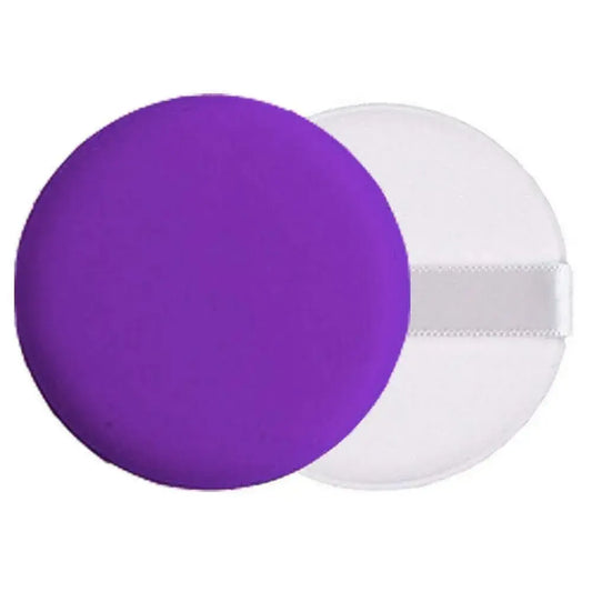 Purple and white round powder puff with elastic seam detail