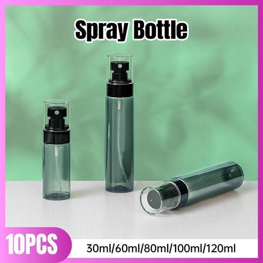 Set of small empty spray bottles with clear body and black fine-mist sprayer caps