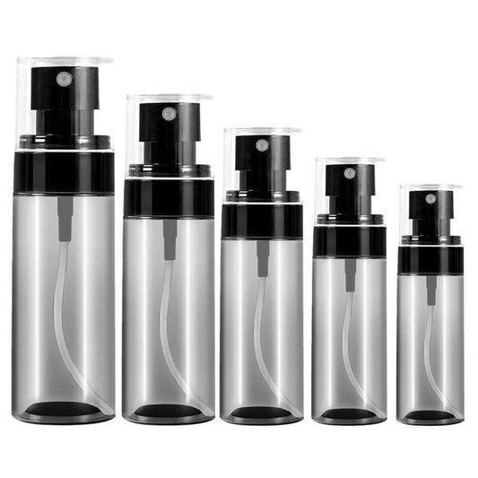Pack of small empty spray bottles, clear bottles with black pump tops and nozzles