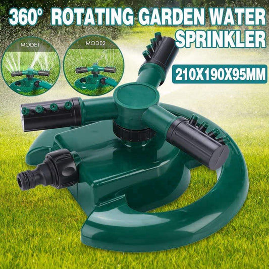 360° rotating garden sprinkler head in green with black outlets and adjustable nozzles