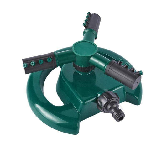 Green 360° garden sprinkler with black rotating arms and hose connector