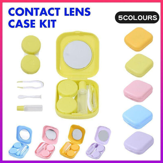 Contact lens case kit set with multiple color mini cases and mirror compartments