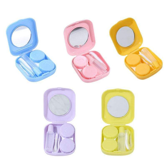 Contact lens case kit, assorted color mini cases with round mirror lids and lens caps