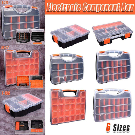 Clear plastic multi-compartment organizer box with orange latches and gray grid inserts