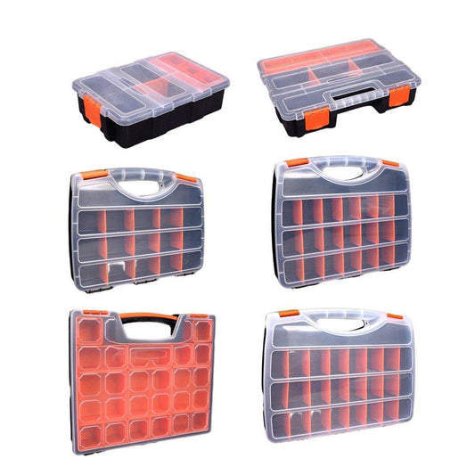 Set of clear plastic multi-compartment organizer boxes with orange latches and compartment grids