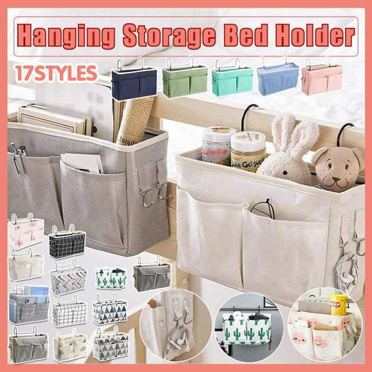 Hanging bedside storage caddy with multiple pockets, light gray fabric and clips