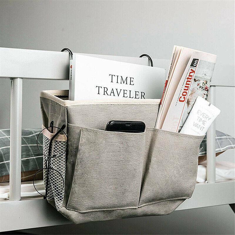 Hanging Bedside Storage Caddy with Pockets for Bunk Bed Dorm Couch Organizing - Grey Grid