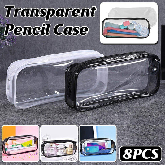 Transparent zipper pencil case pouches, one clear white and one black, rectangular with zip