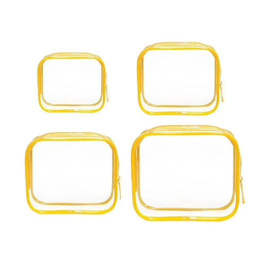 Set of 4 yellow clear PVC cosmetic pouches with zip closures, square shape