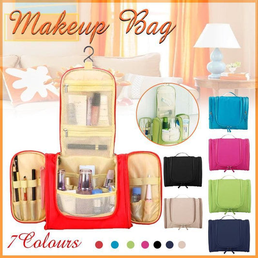 Open hanging toiletry organizer with clear inner sections and multiple zipper compartments