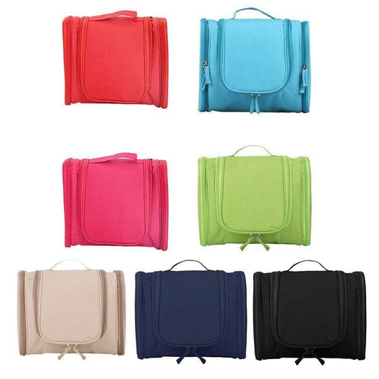 Set of hanging toiletry bags in red, blue, green, beige, navy, and black