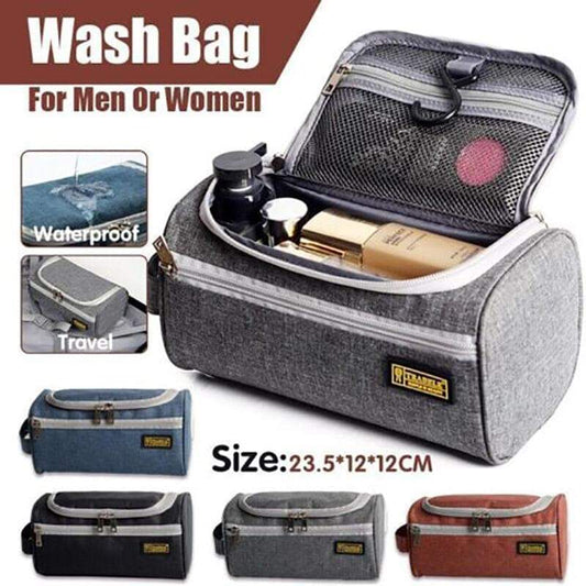 Grey travel toiletry wash bag with zip top and mesh interior pocket