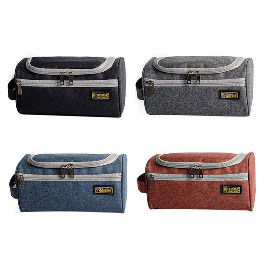Set of travel toiletry wash bags: black, grey, blue, and brick red