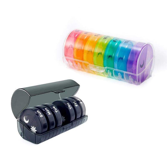 7-day pill organizer with black case and colorful rotating day capsules, lid open