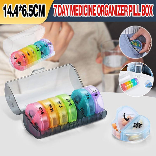 Colorful 7-day pill organizer with open transparent lid and rainbow labeled compartments