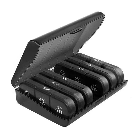 Black weekly pill organizer case with open cover and seven day-labeled sliding compartments