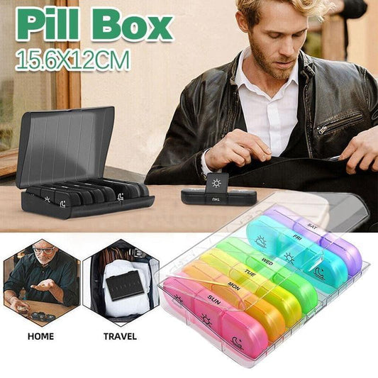 Black 7-day pill organizer with hinged cover and clear travel case holding colored days