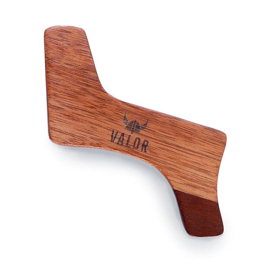 Medium brown wooden beard shaper with curved handle and VALOR logo