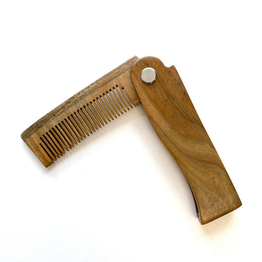 Folding wooden beard comb with metal rivet, toothed grooming side