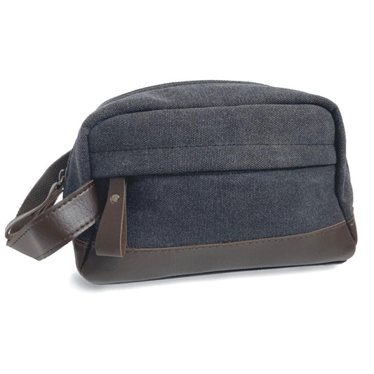 Charcoal toiletry bag with zipper and leather-look wrist strap