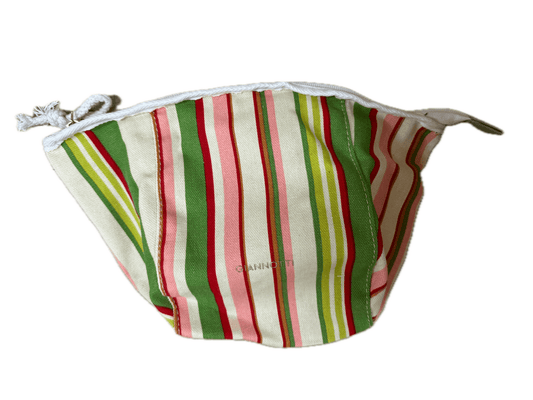 Striped canvas toiletry pouch with zipper, green red and cream vertical stripes.