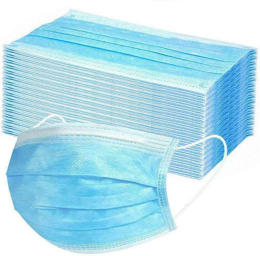 Pack of disposable surgical face masks, light blue 3-ply with ear loops