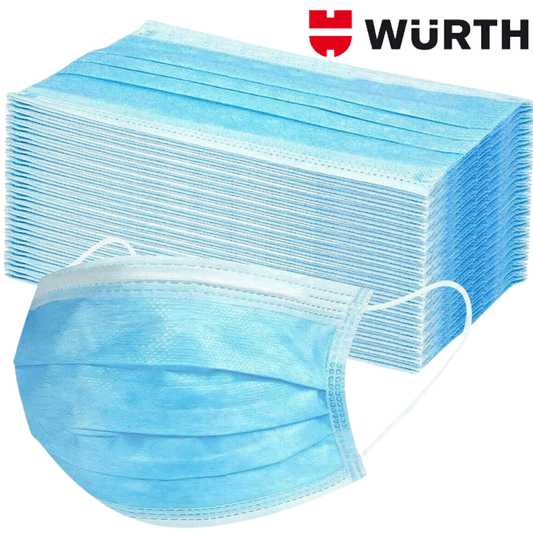 Stack of disposable surgical face masks, light blue 3-ply with ear loops
