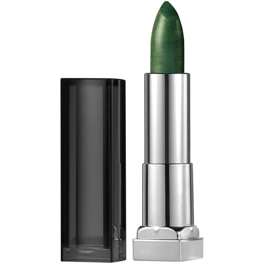 Metallic green lipstick bullet in silver case with black outer cap