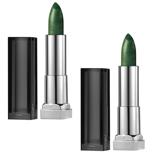 Maybelline Serpentine metallic green lipstick, silver bullet with black open case