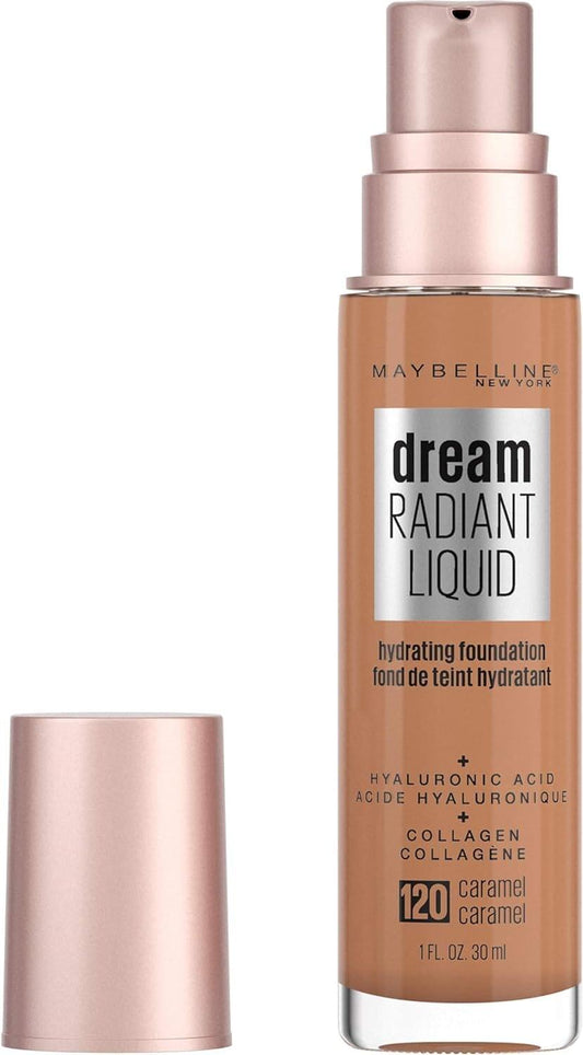 Liquid hydrating foundation bottle in caramel 120, pump top, metallic pink cap