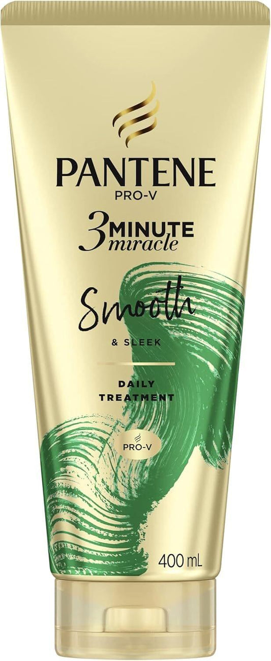 Pantene 3 Minute Miracle Smooth & Sleek daily treatment tube, beige-gold with green wave graphic