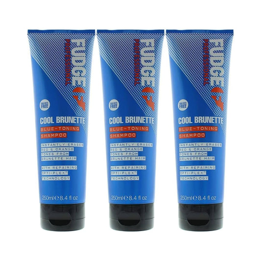Three blue toning shampoo tubes with black flip-top caps, 250ml each