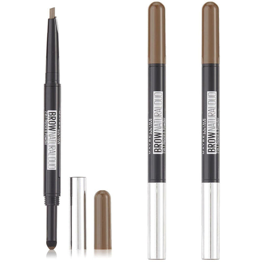 Eyebrow brow duo pencil with powder side in deep brown, with two applicator ends.