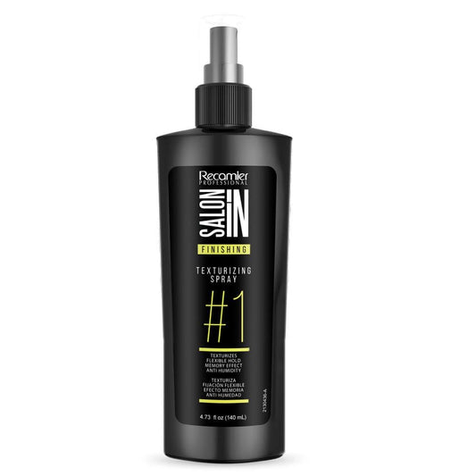 Texturizing spray bottle with silver pump, black bottle, yellow #1 finishing label