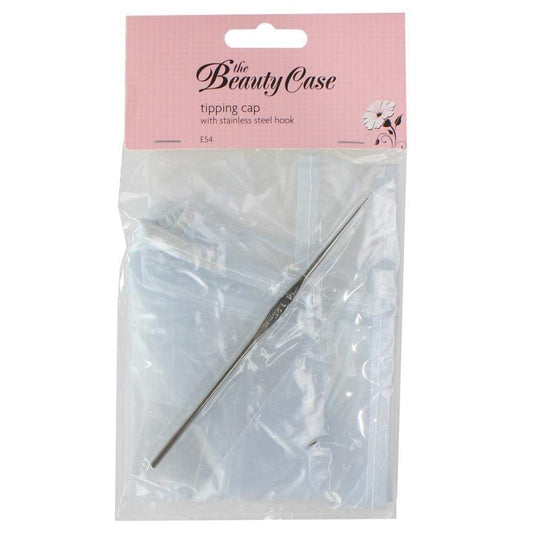 Hair colouring tipping cap by The Beauty Case with stainless steel hook, pale blue in bag