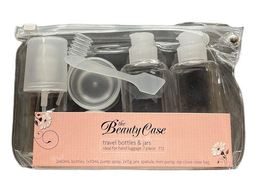 Travel bottles and jars set in clear zip pouch with pink box label