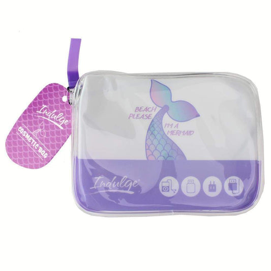 Medium clear cosmetic bag organizer with purple mermaid graphic, zip top, hanging loop