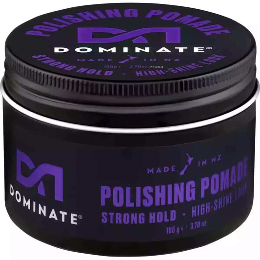 Black hair polishing pomade jar lid with purple branding and strong hold high shine.