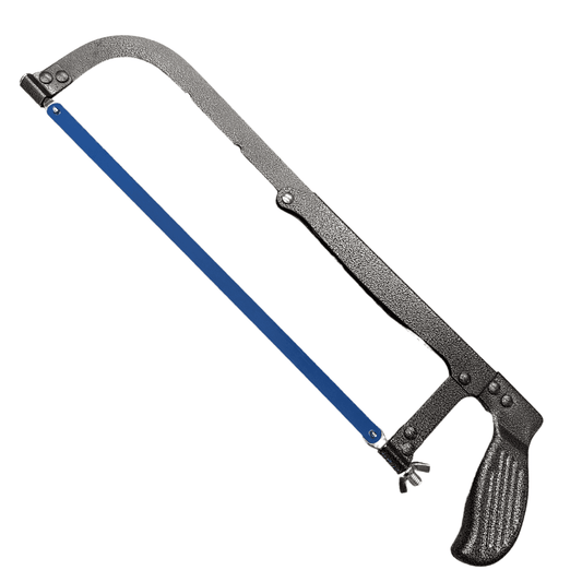 Metal hacksaw frame with black textured handle and blue support bar, steel blade