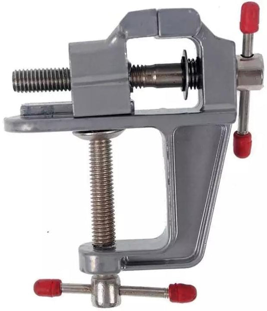 Mini table bench vise side view with threaded screw, gray frame, and red adjustment knobs