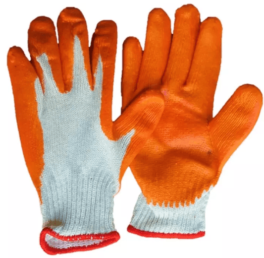 Pair of orange coated work gloves with textured grip palm and knit cuff