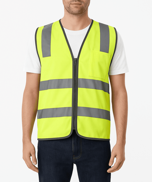 Yellow hi-vis safety vest with reflective stripes and zip front