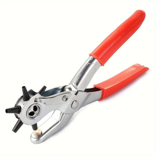 Leather belt eyelet hole punch plier tool with red handles and lever punch head