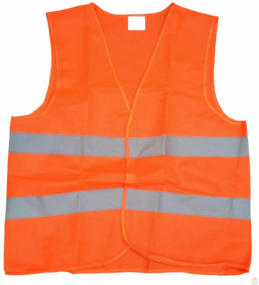Orange hi-vis safety vest with reflective gray horizontal stripes and V-neck